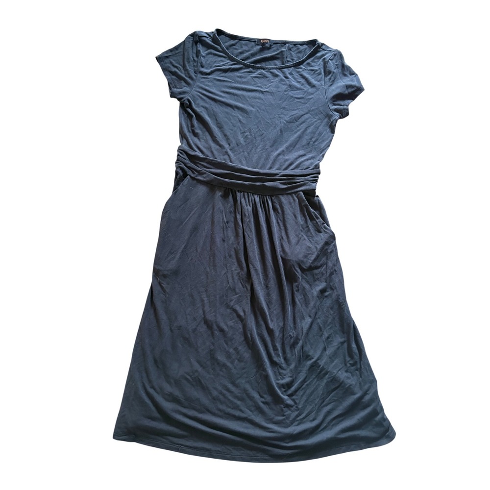 Quince Tencel Jersey Ruched Waist Dress Black Short Sleeve Midi Medium